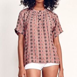 Ace & Jig Booker Blouse Top Short Sleeve Twine Brown Pink Cotton Button Up L